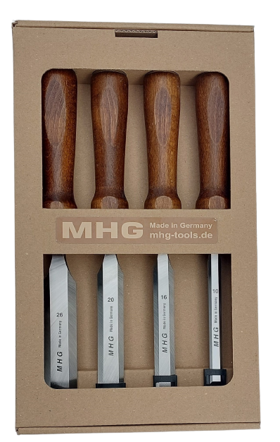 The MHG Messerschmidt 4-piece firmer chisel set provides a practical selection of sizes for professional woodworking, carpentry and joinery
