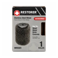 RESTORER TOOL WRSS01 Wire Brush 80mm 100mm – product display image; 80mm diameter x 100mm width, Stainless Steel Wire, Application Cleaning / Wood Texturing, Mounting Type RESTORER Roller / Drum