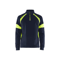 BLAKLADER 3550 High Vis Sweater Navy Blue / Hi-Vis Yellow (Men) in Cotton French Terry 320 gsm – product display image; Application Craftsman, Holster Pockets false, Features 100% cotton; Hi-vis panels; Extended back