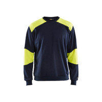 BLAKLADER 3458 Flame Resistant Fleece Sweater Navy Blue / Hi-Vis Yellow (Men) in Inherent Flame-Resistant Fleece – product display image; Holster Pockets false, Features Inherent flame resistant; Antistatic quality; Soft, brushed inner; Hi-vis panels