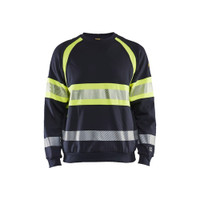 BLAKLADER 3459 Flame Resistant Fleece Sweater Navy Blue / Hi-Vis Yellow (Men) in Inherent Flame-Resistant Fleece – product display image; Holster Pockets false, Features Inherent flame resistant; Antistatic quality; Soft, brushed inner