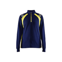 BLAKLADER 3403 High Vis Sweater Navy Blue / Hi-Vis Yellow (Women) in Cotton French Terry 320 gsm – product display image; Application Craftsman, Holster Pockets false, Features Hi-vis panels; Reflective details