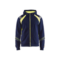 BLAKLADER 3433 High Vis Hoodie Navy Blue / Hi-Vis Yellow (Men) in Cotton French Terry 320 gsm – product display image; Application Craftsman, Holster Pockets false, Features Hi-vis panels; Reflective details
