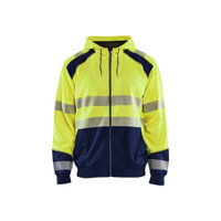 BLAKLADER 3546 High Vis Hoodie Hi-Vis Yellow / Navy Blue (Men) in Polyester Jersey – product display image; Application Craftsman, Holster Pockets false, Features Soft, brushed inner; Kangaroo pocket; Wide reflectors