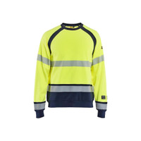BLAKLADER 3088 Multinorm Sweater Hi-Vis Yellow / Navy Blue (Men) in Inherent Flame-Resistant Fleece – product display image; Features Inherent flame resistant; Antistatic quality; Soft, brushed inner