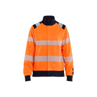 BLAKLADER 3471 Multinorm Sweater Orange / Navy blue (Women) in Cotton – product display image; Features Inherent flame resistant; Antistatic quality; Soft, brushed inner; Wide reflectors