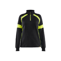 BLAKLADER 3566 High Vis Sweater Black / Hi-Vis Yellow (Women) in Cotton French Terry 320 gsm – product display image; Features 100% cotton; Hi-vis panels; Extended back