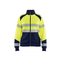 BLAKLADER 3508 High Vis Sweater Hi-Vis Yellow / Navy Blue (Women) in Polyester Jersey – product display image; Features Soft, brushed inner; Kangaroo pocket; Wide reflectors