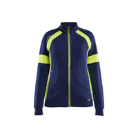 BLAKLADER 3568 High Vis Sweater Navy Blue / Hi-Vis Yellow (Women) in Cotton French Terry 320 gsm – product display image; Features 100% cotton; Hi-vis panels; Extended back