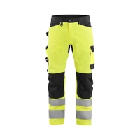 BLAKLADER 1703 High Vis Regular Fit Trouser Hi-Vis Yellow / Black (Men) in Cotton with Kneepad Pockets – product display image; Holster Pockets false, Kneepad Pockets true, Features CORDURA® reinforced knee pad pockets; Water repellent; Pre-bent leg…