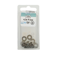 Our Flat Washers 4.3 x 9mm are manufactured to DIN 125 standards, ensuring precision, reliability, and long-lasting performance. Made from A2 stainless steel (Grade 304)