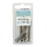 The HSI M5 x 40mm Countersunk Head Bolts with Nuts are manufactured to DIN 965 standards, ensuring precision, strength, and reliability. Made from A2 stainless steel, these bolts offer excellent corrosion resistance, making them suitable for indoor and outdoor use.