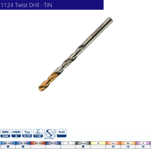BOHRCRAFT Drill Bits | 1124 TiN Twist Drill Bits 25 pc Set ⌀1-13mm in Steel