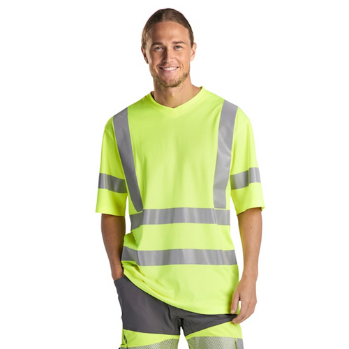 BLAKLADER Durable Poly/Cotton Blend High Vis Yellow  T-Shirt  for Carpenters that have UV Protection Reflective Tape  available in Australia and New Zealand