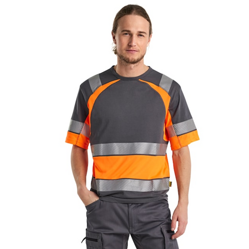 BLAKLADER  T-Shirt  3421  with  for SNICKERS T-Shirt  | 3421  Mid Grey / High Vis Orange T-Shirt with Reflective Tape Cotton that have  available in Australia and New Zealand