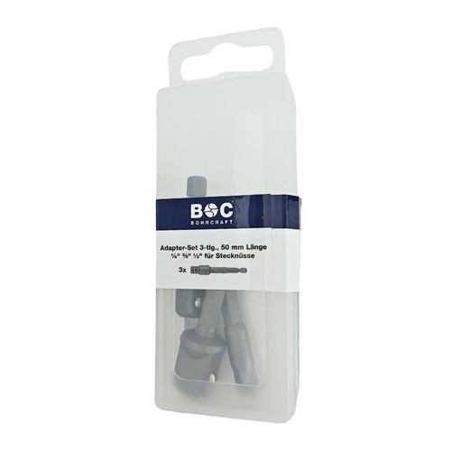 Each adapter is built with a 1/4" hex shank for quick-change compatibility, and features square drives in 1/4", 3/8", and 1/2" sizes, covering the most common sockets used in workshop and construction tasks. Each adapter is built with a 1/4" hex shank for quick-change compatibility, and features square drives in 1/4", 3/8", and 1/2" sizes, covering the most common sockets used in workshop and construction tasks.