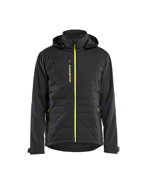 Built for adventure, the BLAKLADER Jacket model 4743 in Black/Yellow features Hybrid, Waterproof technology, and rugged Softshell fabrication.