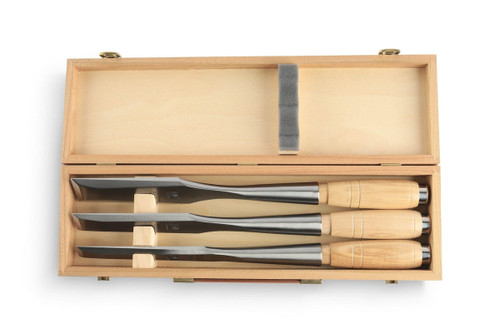 MHG Chisels | Blockhouse Timber Tools Chisels 25, 38, 50 mm Width with Leather Sheaths in Wooden Box