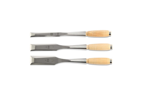 MHG Chisels | Blockhouse Timber Tools Chisels 25, 38, 50 mm Width with Leather Sheaths in Wooden Box