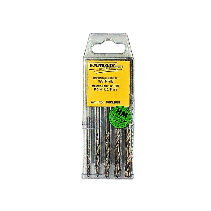 FAMAG Brad Point Drill Bits | 1593 TCT Drill Bit Set Ø 3, 4, 5, 6, 8mm  with 5 pcs for Fine Woodworking, Cabinetry in Melbourne, Sydney and Brisbane.