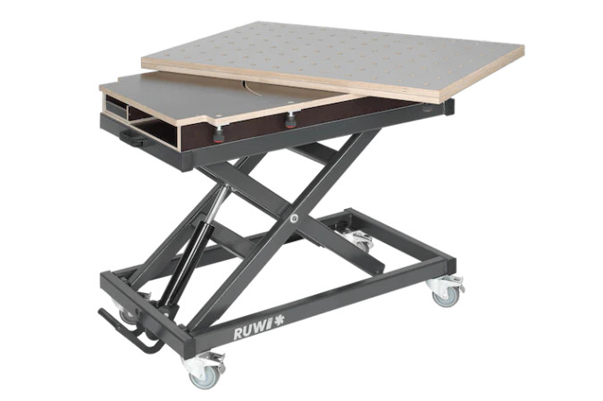 300kg Rated Lifting Table with Swiveling HPL Perforated Table Top