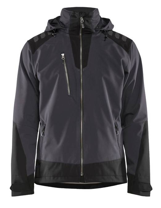 The Hooded Blaklader Softshell jacket in Dark Grey is perfect for layering over your work attire.