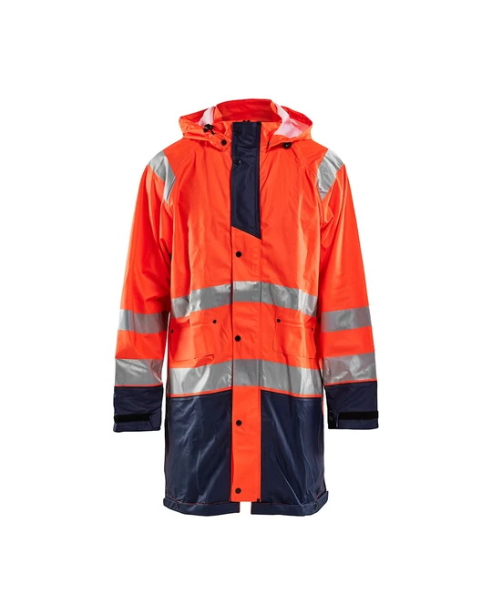 BLAKLADER Rain Jacket | 4324 High Vis Orange / Navy Blue Long Length Rain Jacket with Reflective Tape Polyester Waterproof