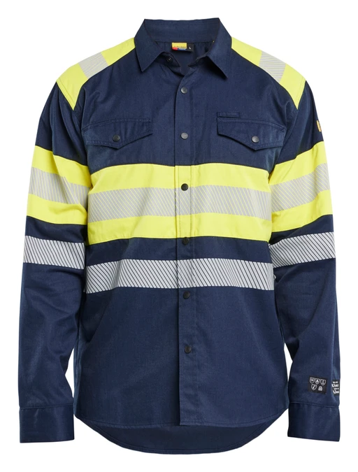 The BLAKLADER 3229 Navy Blue Anti-Flame Multinorm Long Sleeve Shirt is designed for professionals who require top-quality flame retardant and non-metal workwear.