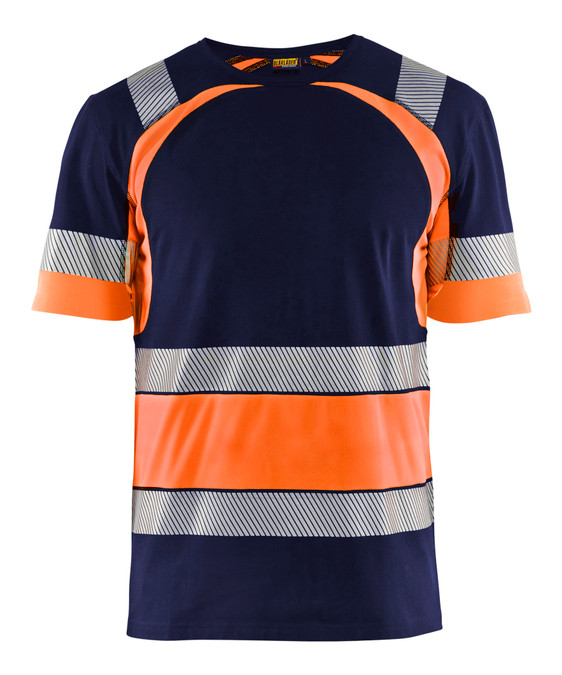 BLAKLADER Cotton Navy Blue / High Vis Orange  T-Shirt  for Cabinet Makers that have Reflective Tape  available in Australia and New Zealand