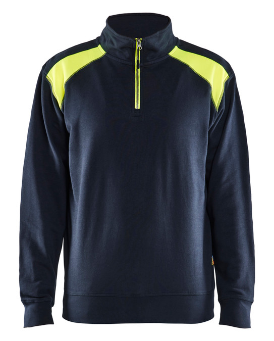 BLAKLADER Pullover  3353  with  for BLAKLADER Pullover  | 3353  Dark Navy Blue / High Vis Yellow 1/4 Zip Jersey Pullover in Cotton that have 1/4 Zip  available in Australia and New Zealand