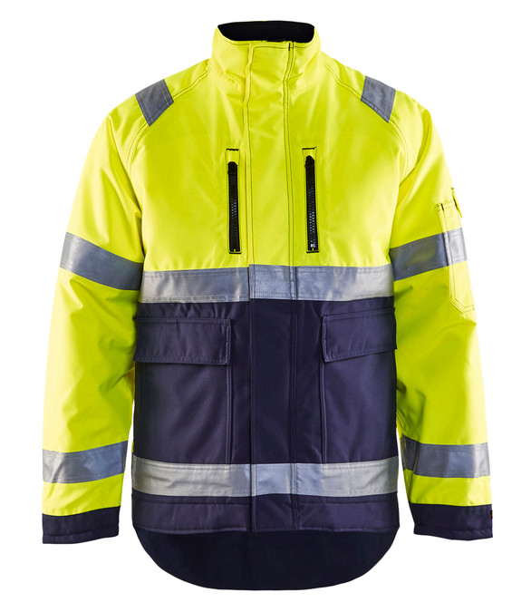 This High Vis Yellow Winter Polyester Jacket with Navy Blue details Blaklader Workwear jacket is crafted from durable Polyester, perfect for outdoor work conditions Waterproof .