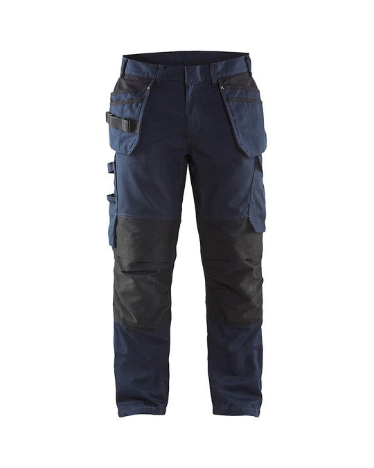 BLAKLADER Trousers | 1496 Mens Service Dark Navy Blue /Yellow Trousers with Kneepad Pockets and Holster Pockets Rip-Stop with Stretch
