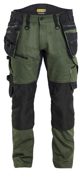 BLAKLADER Trousers | 1970 Craftsman Forest Green / Black Trousers with Holster Pockets and Kneepad Pockets in Cordura with Stretch
