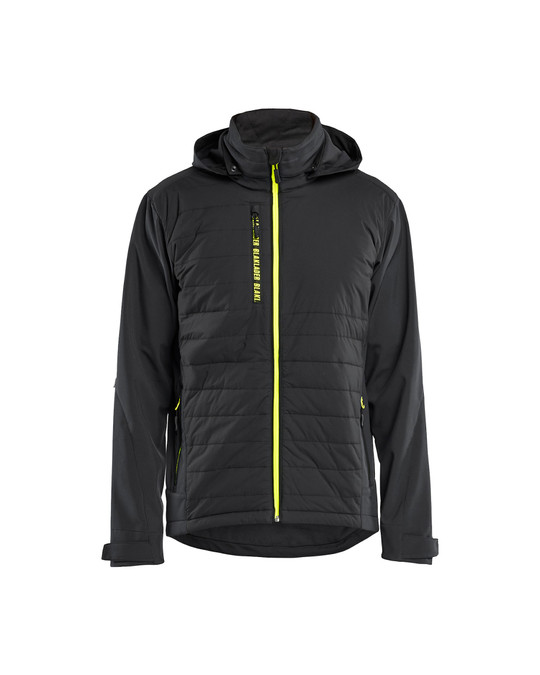 Built for adventure, the BLAKLADER Jacket model 4743 in Black/Yellow features Hybrid, Waterproof technology, and rugged Softshell fabrication.