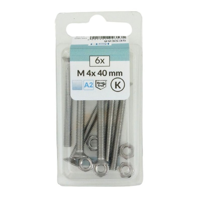 The HSI M4 x 40mm Countersunk Head Bolts with Nuts are manufactured to DIN 965 standards, ensuring precision, strength, and reliability. Made from A2 stainless steel, these bolts offer excellent corrosion resistance, making them suitable for indoor and