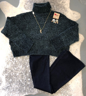 Dark Green Cropped Turtleneck Sweater; Front