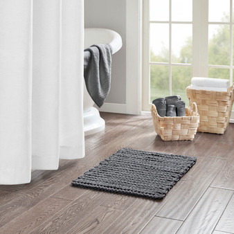Madison Park Lasso Charcoal 100% Cotton Chenille Chain Stitch Rug