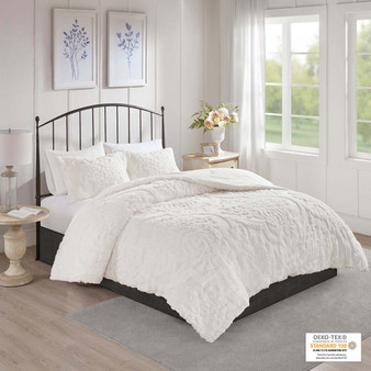 Madison Park Viola Off-White 3 pcs Tufted Cotton Chenille Damask Comforter Set