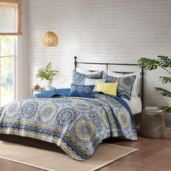 Madison Park Tangiers Blue 6 pcs Reversible Quilt Set with Throw Pillows