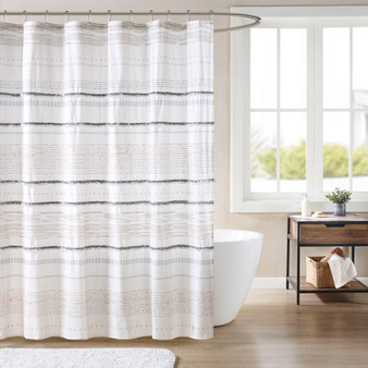 INK+IVY Nea Off White/Gray Cotton Printed Shower Curtain with Trims