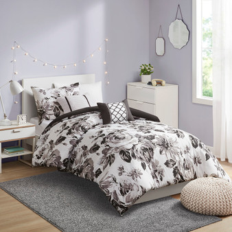 Intelligent Design Dorsey Black/White Floral Print Comforter Set