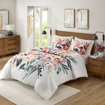 Madison Park Dahlia Peach/Off-White 3 Piece Floral Cotton Comforter Set