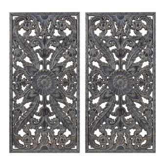 Madison Park Botanical Panel Antique Blue Distressed Carved Wood 2-pcs Wall Decor Set