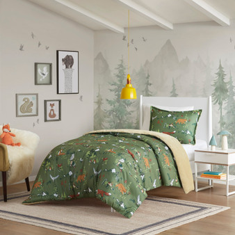 Mi Zone Kids Heath Green Forest Animals Plush Reversible Comforter Set