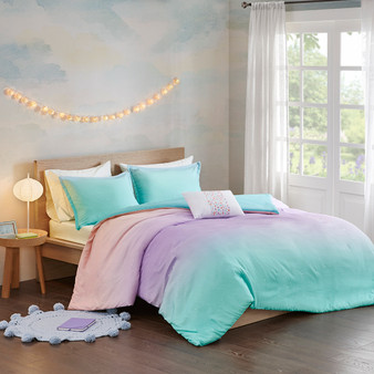 Mi Zone Glimmer Aqua Metallic Glitter Printed Reversible Duvet Cover Set
