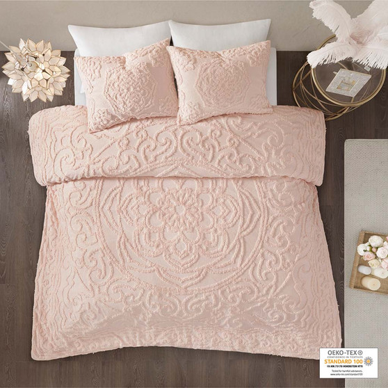 Madison Park Laetitia Blush 3-pcs Tufted Cotton Chenille Medallion Duvet Cover Set