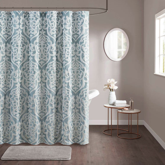 Madison Park Odette Aqua/Silver Jacquard Shower Curtain
