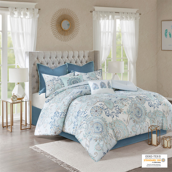 Madison Park Isla Blue 8 pcs Cotton Floral Printed Reversible Comforter Set