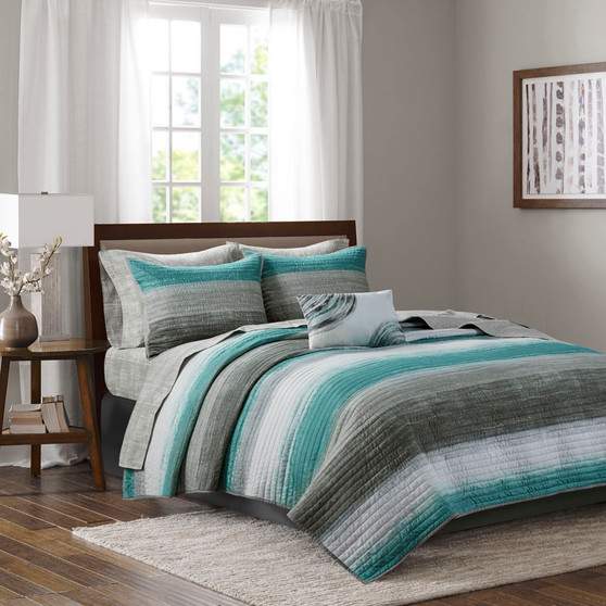 Madison Park Essentials Saben Aqua 8 pcs Quilt Set with Cotton Bed Sheets