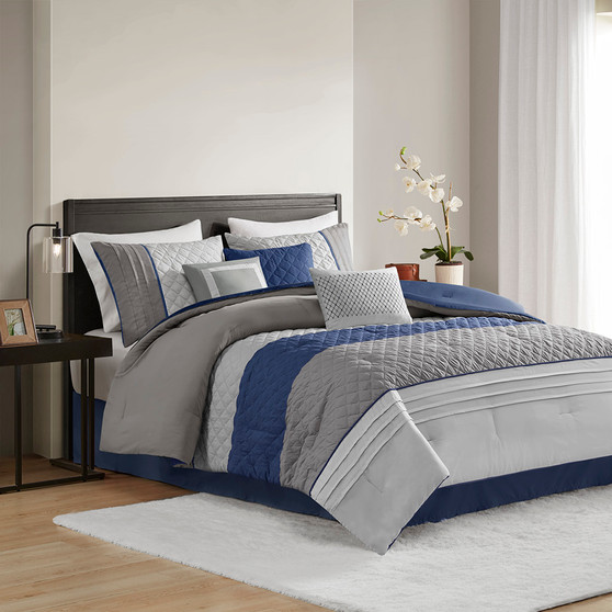 Madison Park Greer Blue 7 pcs Color Block Stripe Comforter Set with Throw Pillows